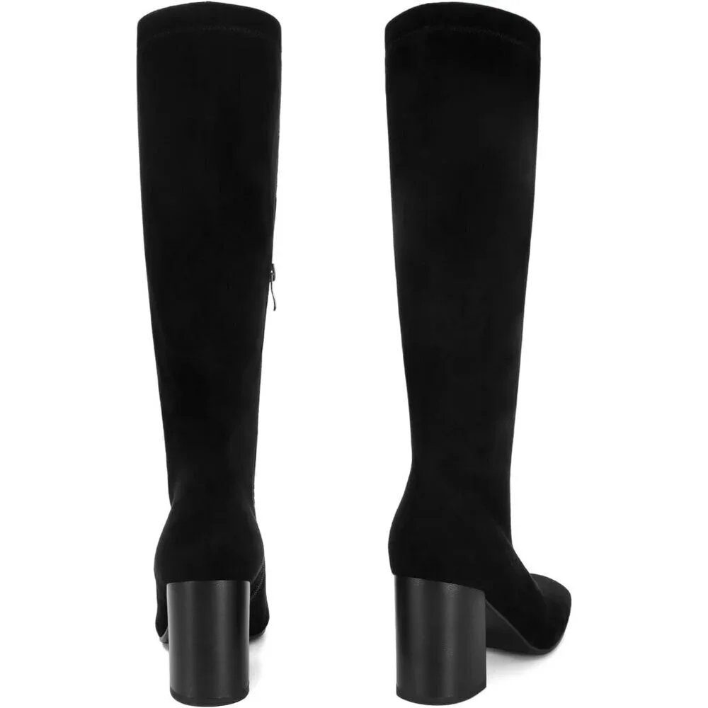 Women's Black Suede Faux Leather Fashion Square Toe Chunky Heel Knee High Boots